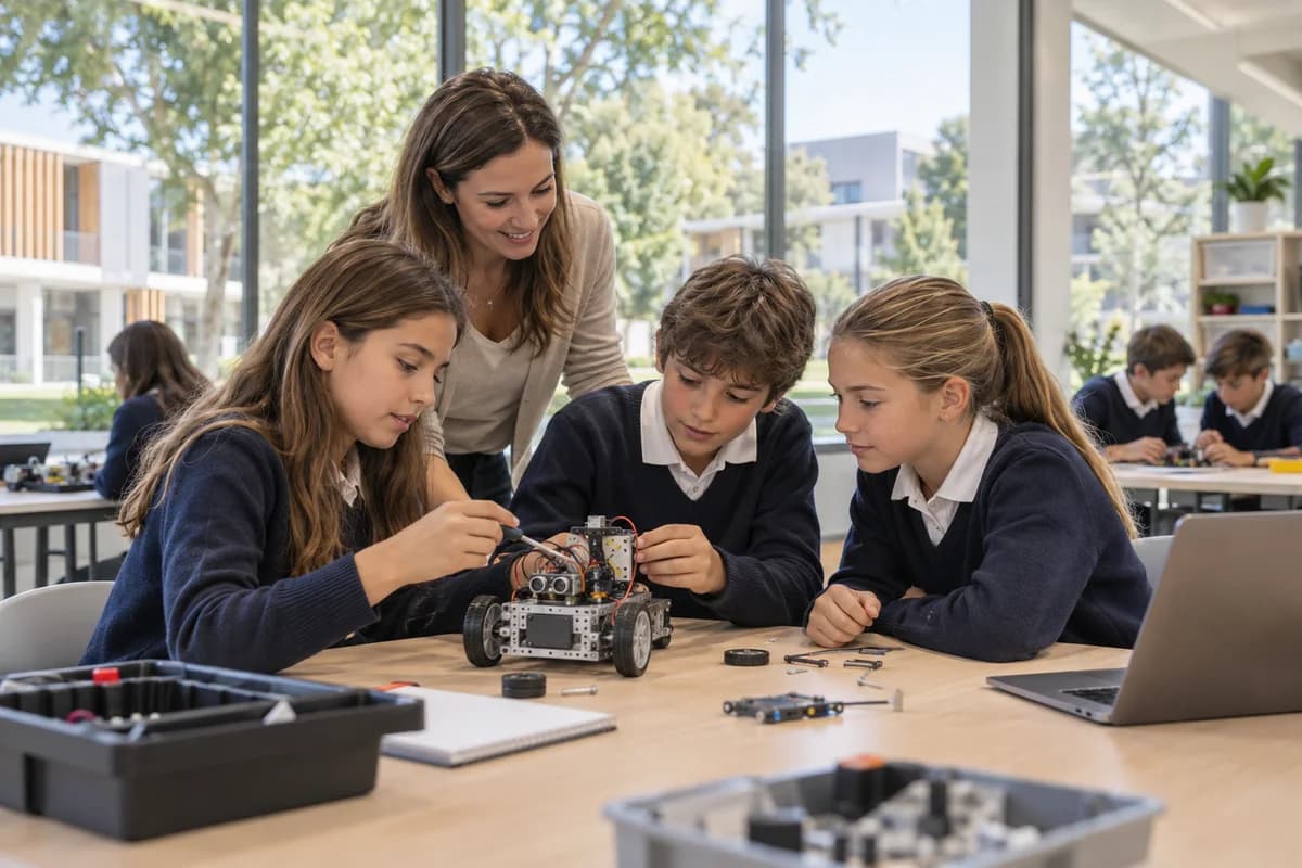 Alumnos y una profesora trabajan en un proyecto de robótica en un aula luminosa