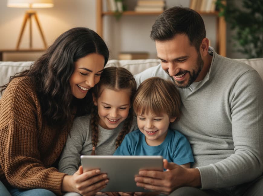 Familia feliz usando una tablet para buscar colegio