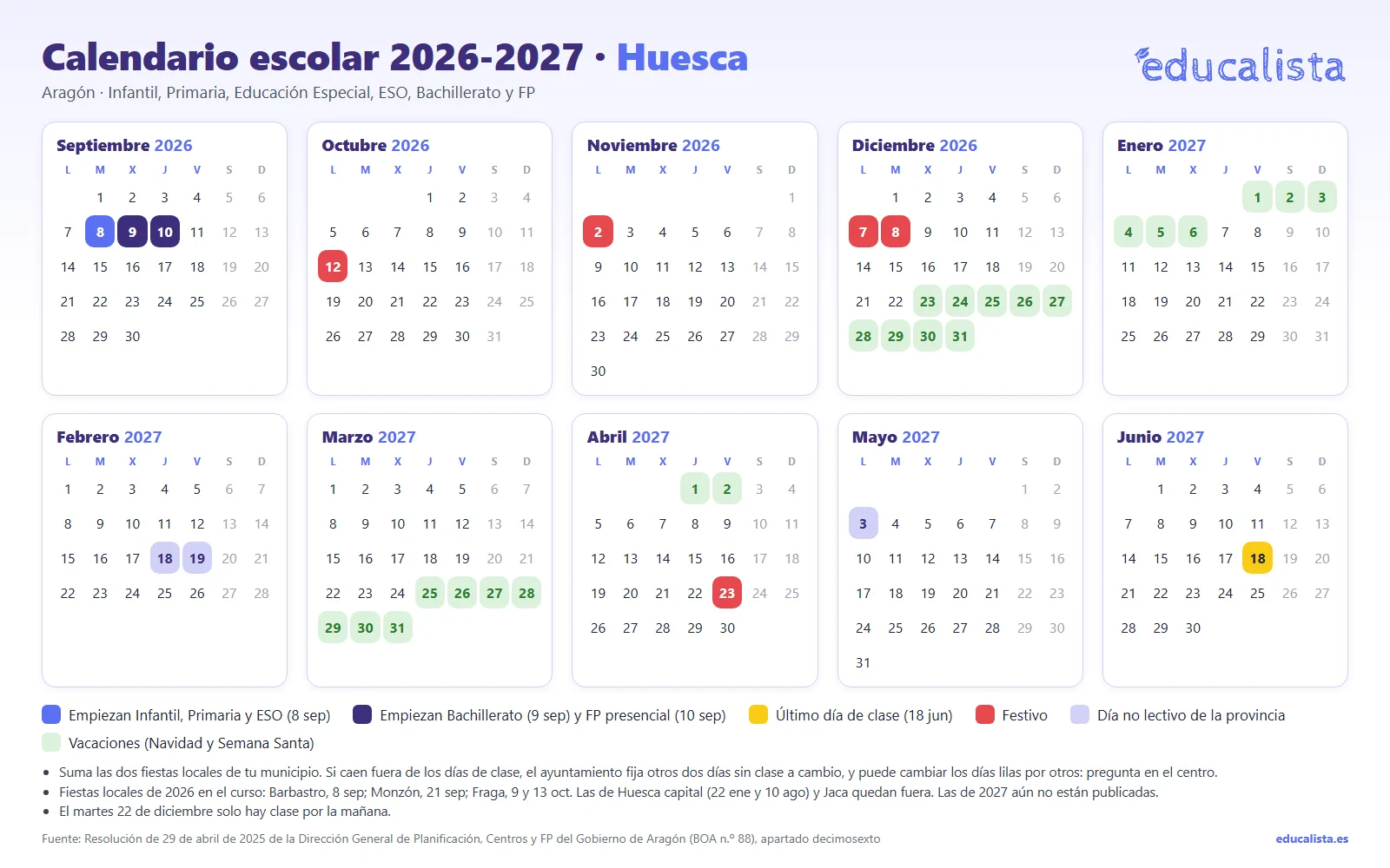 Calendario escolar 2026-2027 de la provincia de Huesca, con sus tres días sin clase propios