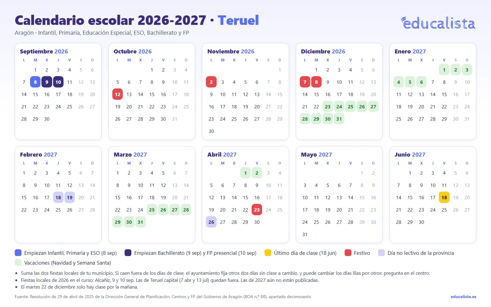 Calendario escolar 2026-2027 de la provincia de Teruel, con sus tres días sin clase propios